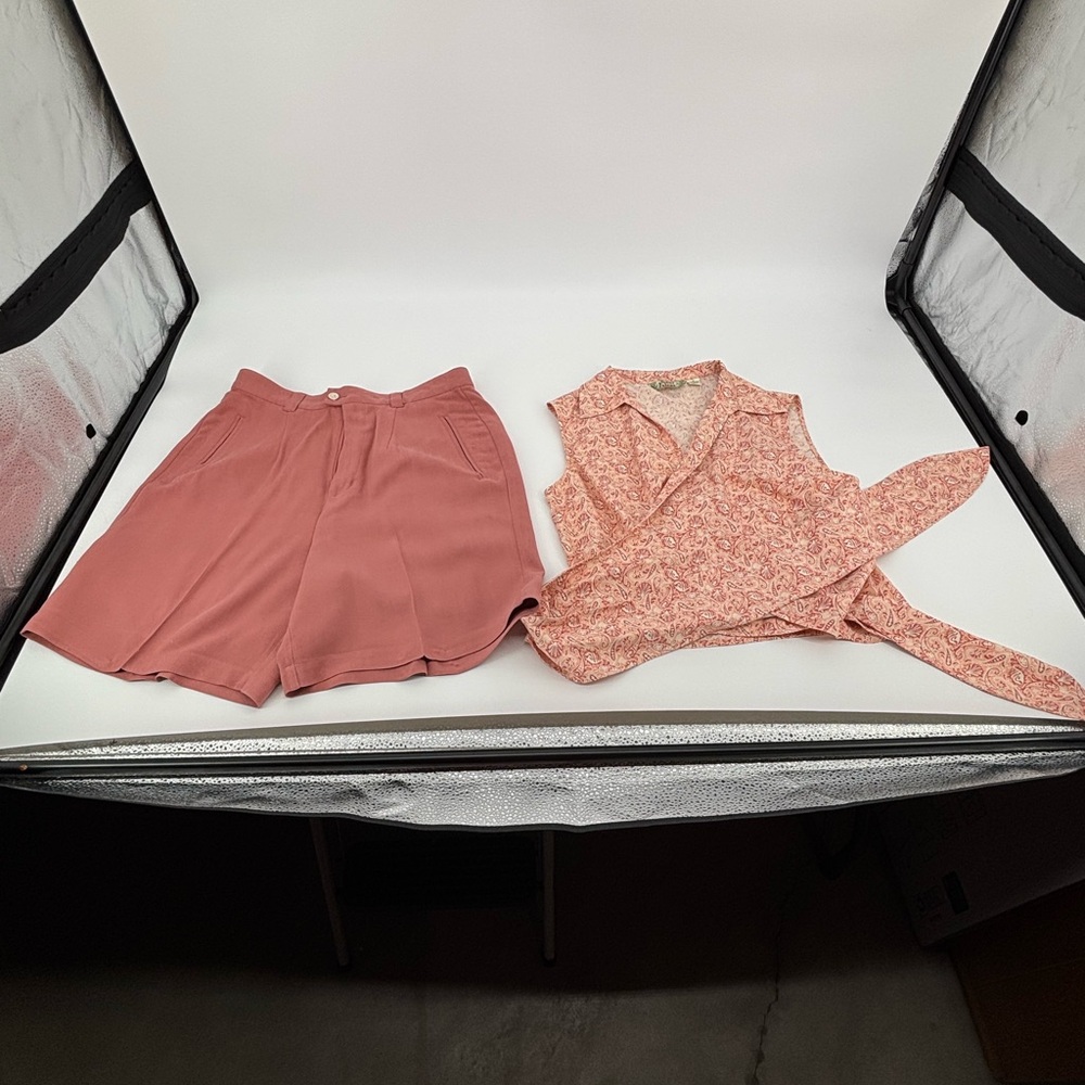 VTG Tommy Bahama 100% Silk 2pc Set Wrap Top & Shorts Pink Paisley Resort M 10